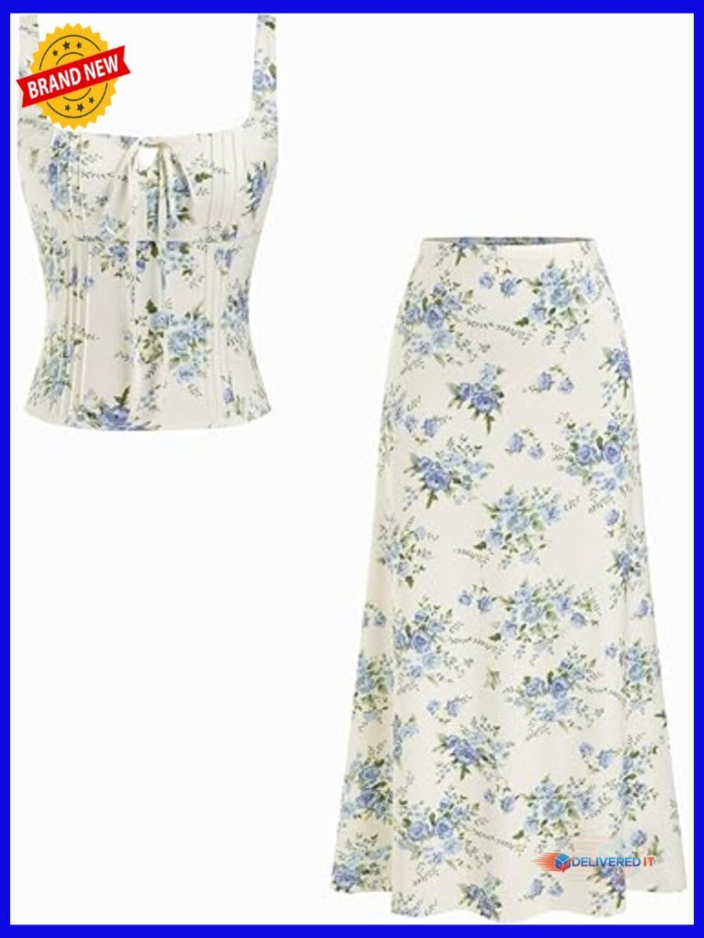 Two Piece Skirt Set Tie Front Tank Top Floral A Line Midi Summer